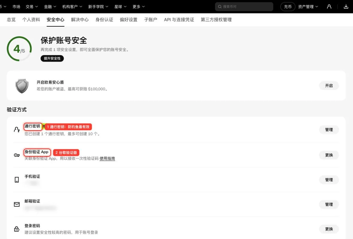 欧易安全中心验证方式区域,标注了通行密钥与身份验证 App