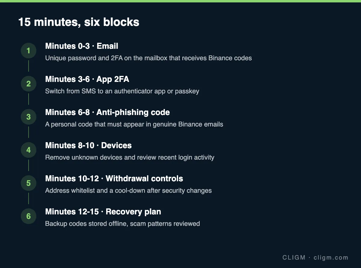 The 15-minute Binance security timeline: email, 2FA, anti-phishing code, devices, withdrawal controls, recovery plan