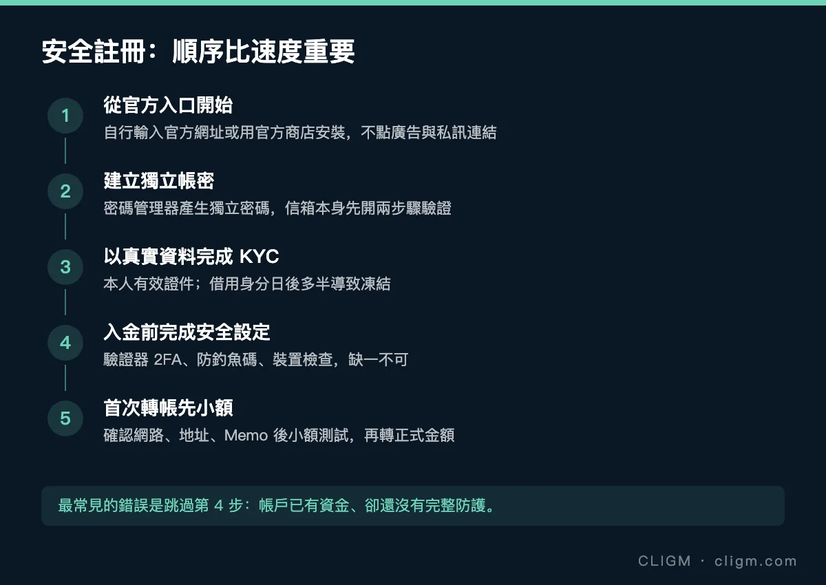 安全註冊幣安帳戶的五個步驟:官方入口、獨立帳密、真實 KYC、入金前安全設定、小額測試